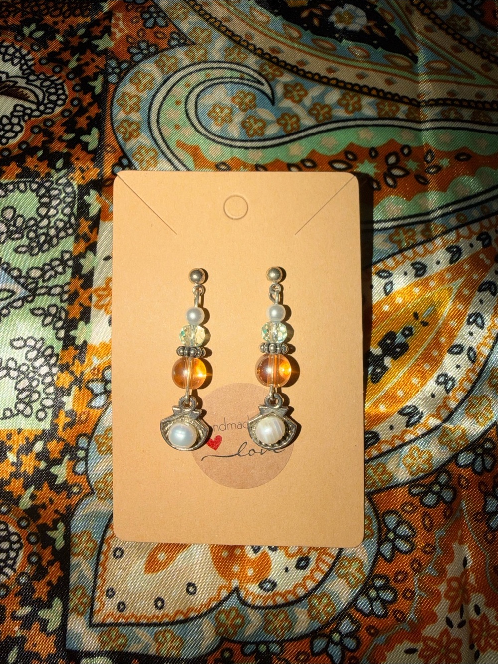 Pearl Drop Earrings Aqua and Amber Accents